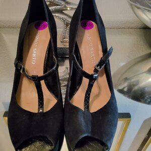 FRANCO SARTO BLACK SUEDE OPEN TOE HIGH HEELS